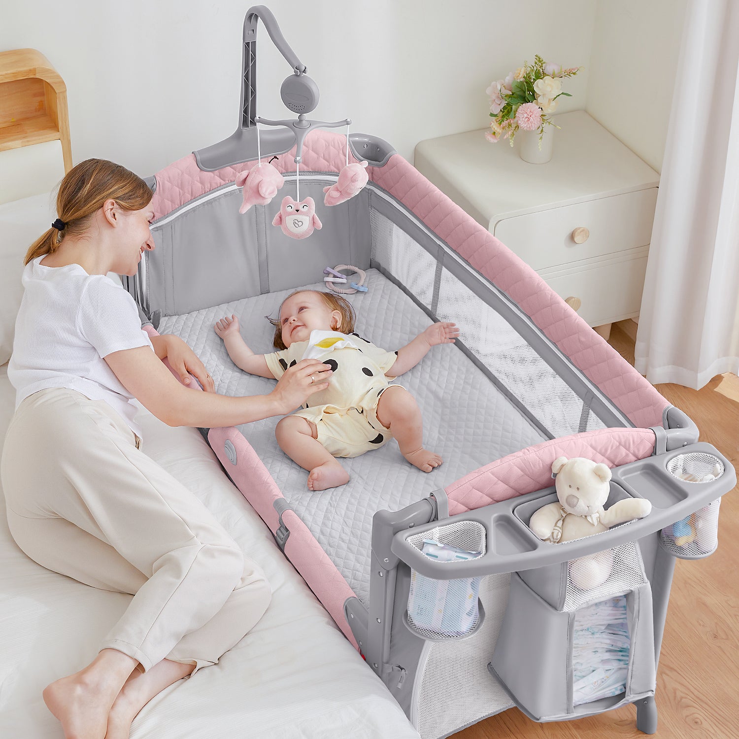 BabyBond Unisex Infant Flat Bedside Sleeper Bassinet with Wheels and F Obeeodee