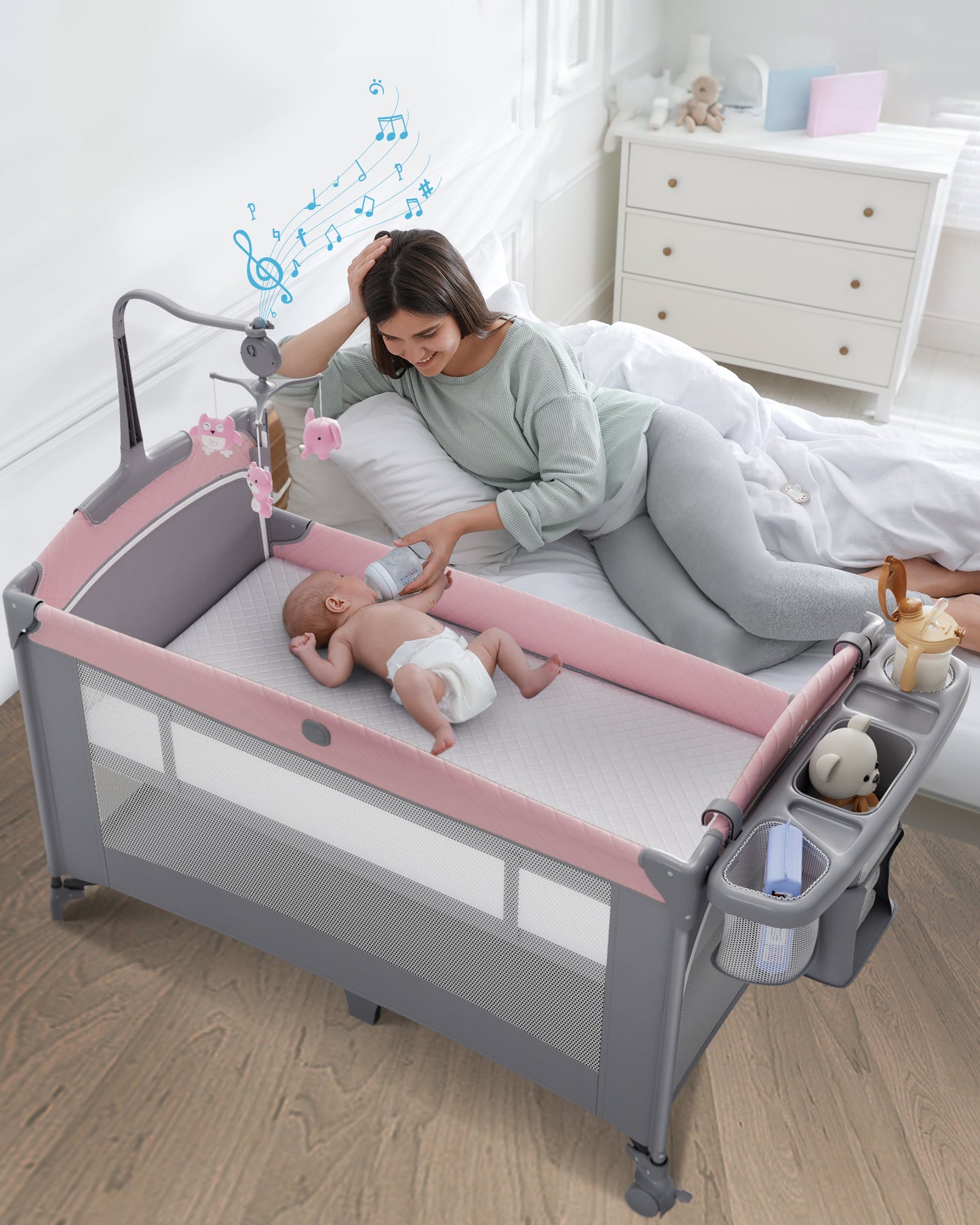 5 in 1 Baby Bassinet Bedside Sleeper, Rocking Bassinet for Baby, Easy Folding Portable Playards, Pack and Play with Mattress, Diaper Changer and Music Mobile Gray