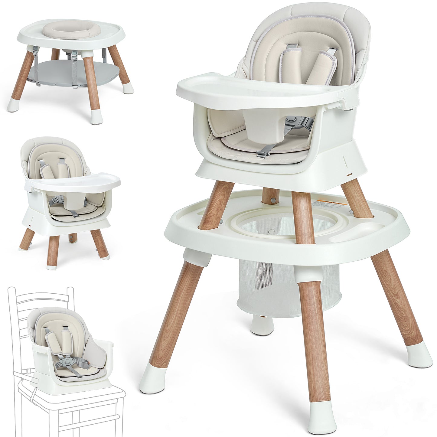 Baby High Chair, 15 in 1 Convertible Highchair for Babies & Toddlers, Booster Seats with Tray, High Chairs with Baby Activity Center (Wood)