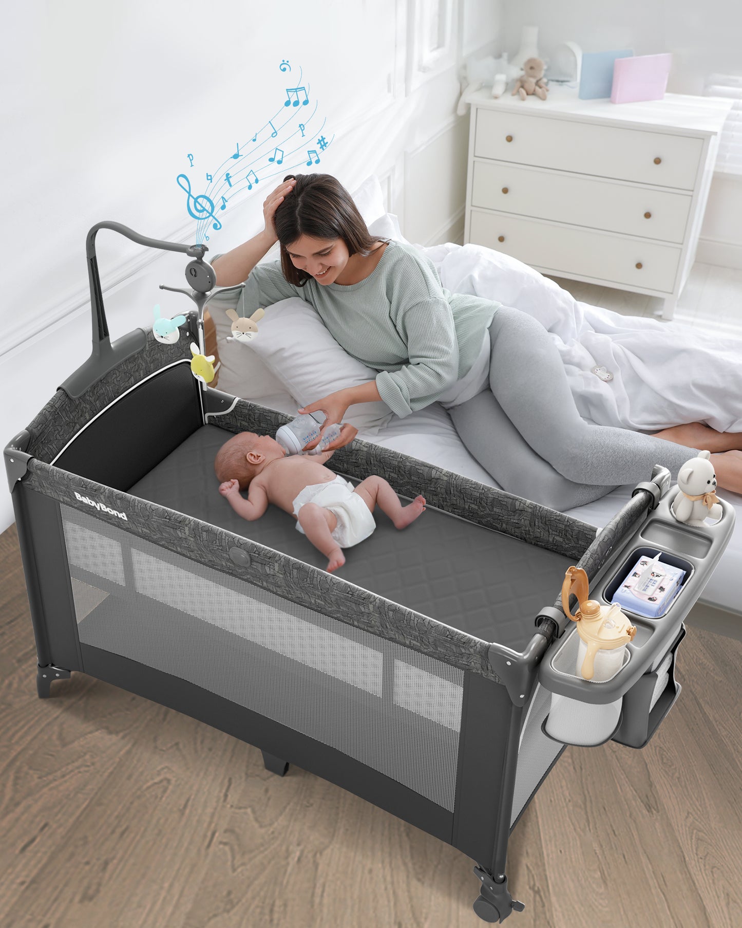 5 in 1 Baby Bassinet Bedside Sleeper, Rocking Bassinet for Baby, Easy Folding Portable Playards, Pack and Play with Mattress, Diaper Changer and Music Mobile Gray