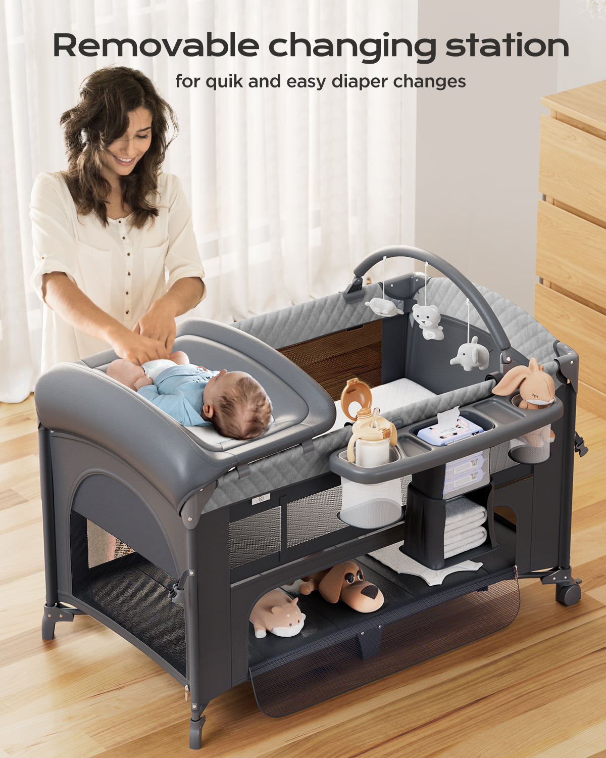 Babyomi 4 in 1 Baby Bassinet, Height Adjustable, Bedside Crib Sleeper, Black