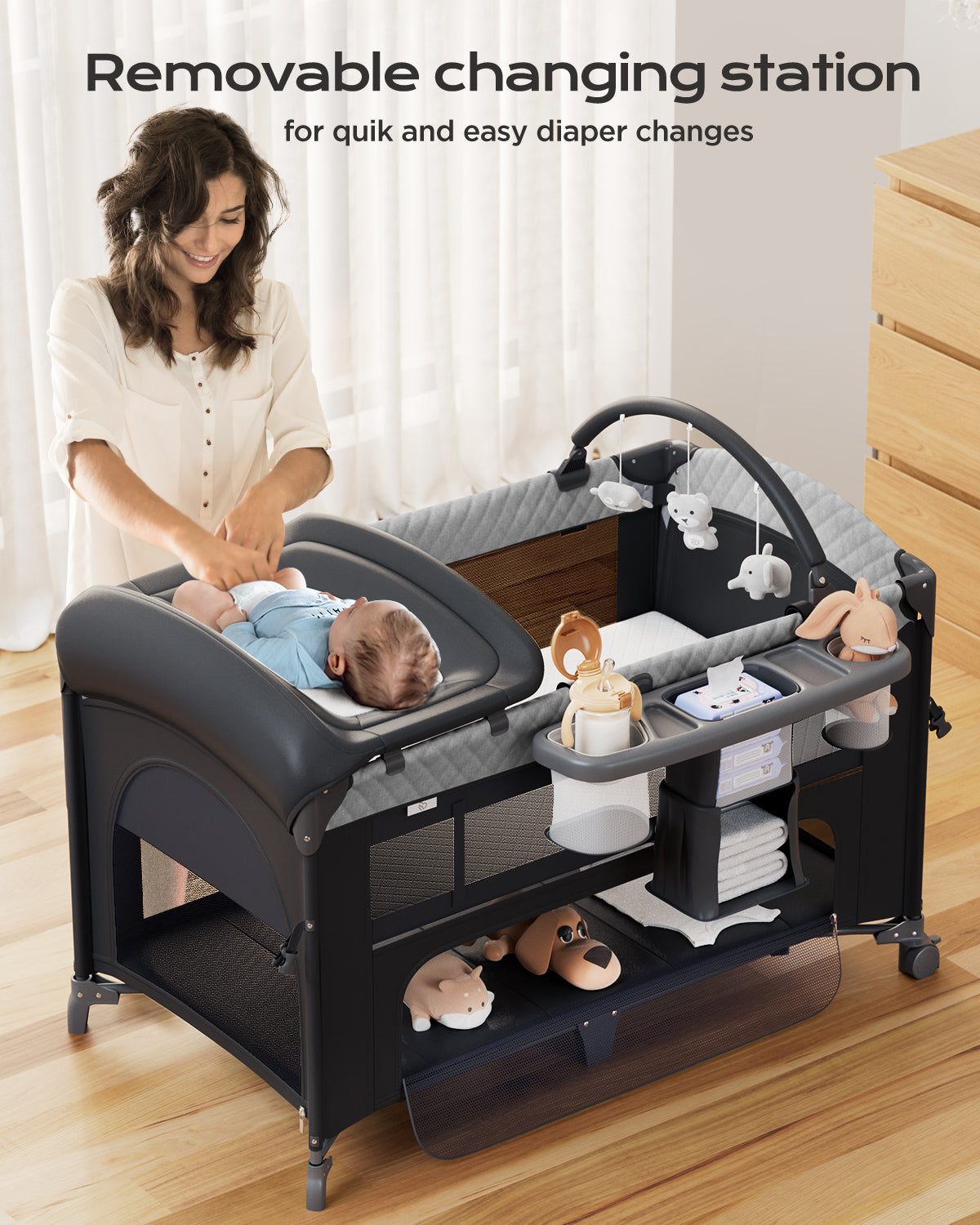 Babyomi 4 in 1 Baby Bassinet, Height Adjustable, Bedside Crib Sleeper, Black