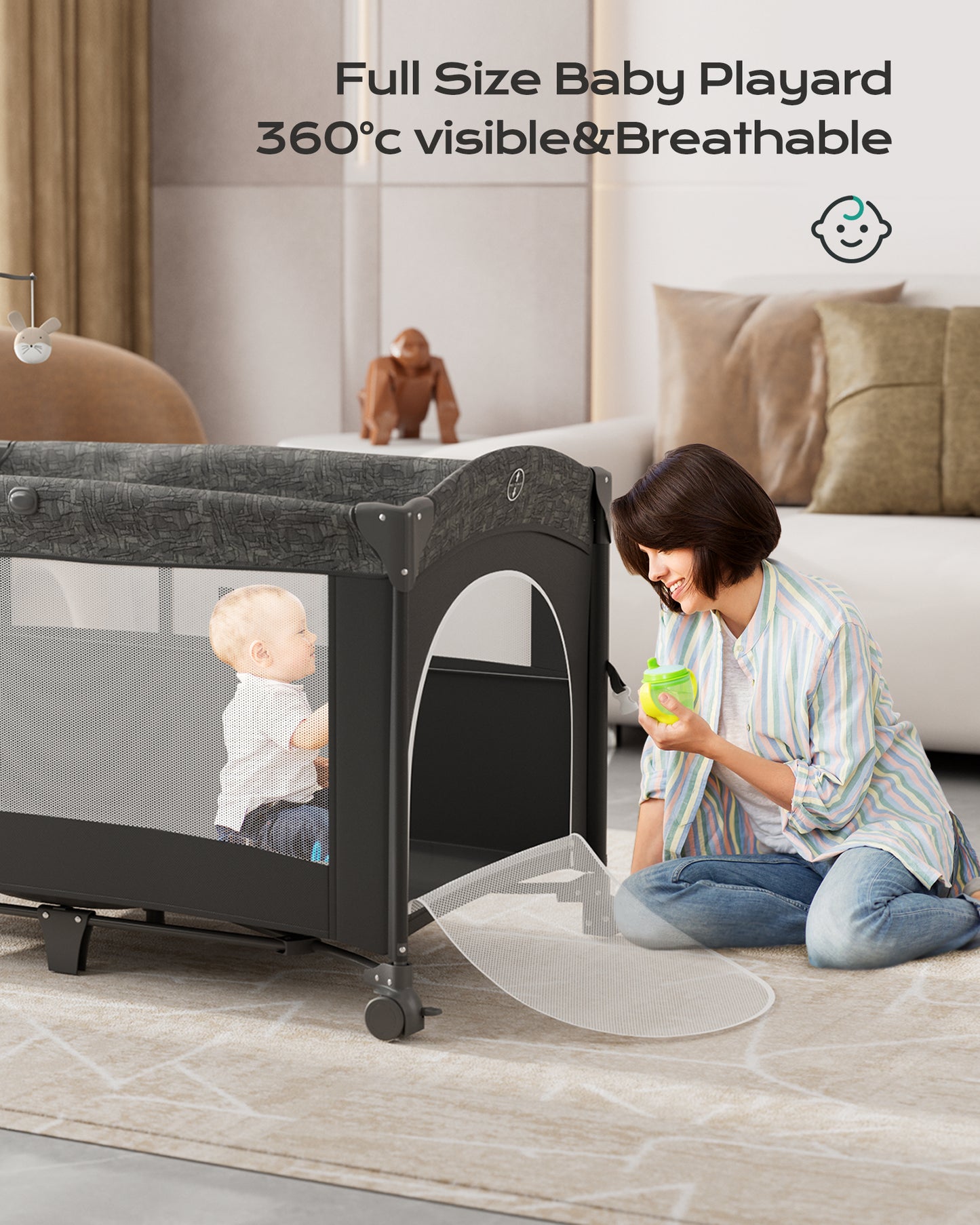 5 in 1 Baby Bassinet Bedside Sleeper, Rocking Bassinet for Baby, Easy Folding Portable Playards, Pack and Play with Mattress, Diaper Changer and Music Mobile Gray