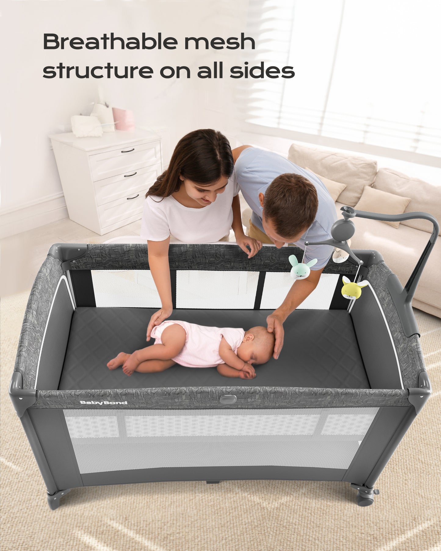 5 in 1 Baby Bassinet Bedside Sleeper, Rocking Bassinet for Baby, Easy Folding Portable Playards, Pack and Play with Mattress, Diaper Changer and Music Mobile Gray