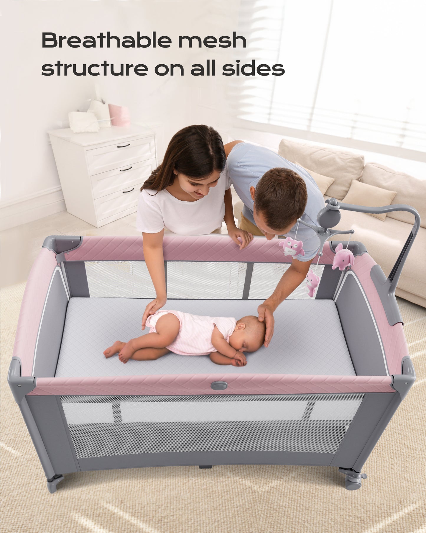 5 in 1 Baby Bassinet Bedside Sleeper, Rocking Bassinet for Baby, Easy Folding Portable Playards, Pack and Play with Mattress, Diaper Changer and Music Mobile Gray