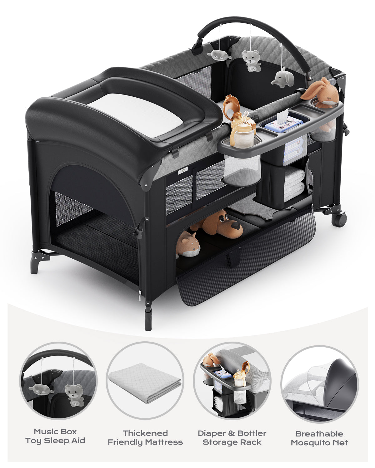 Babyomi 4 in 1 Baby Bassinet, Height Adjustable, Bedside Crib Sleeper, Black