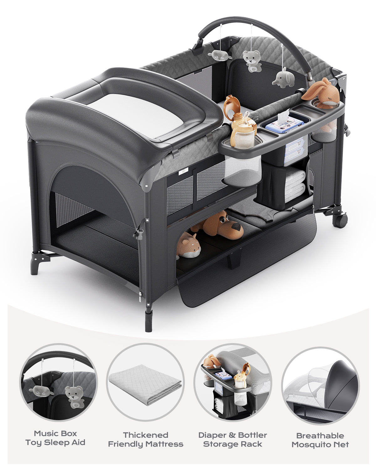 Babyomi 4 in 1 Baby Bassinet, Height Adjustable, Bedside Crib Sleeper, Black