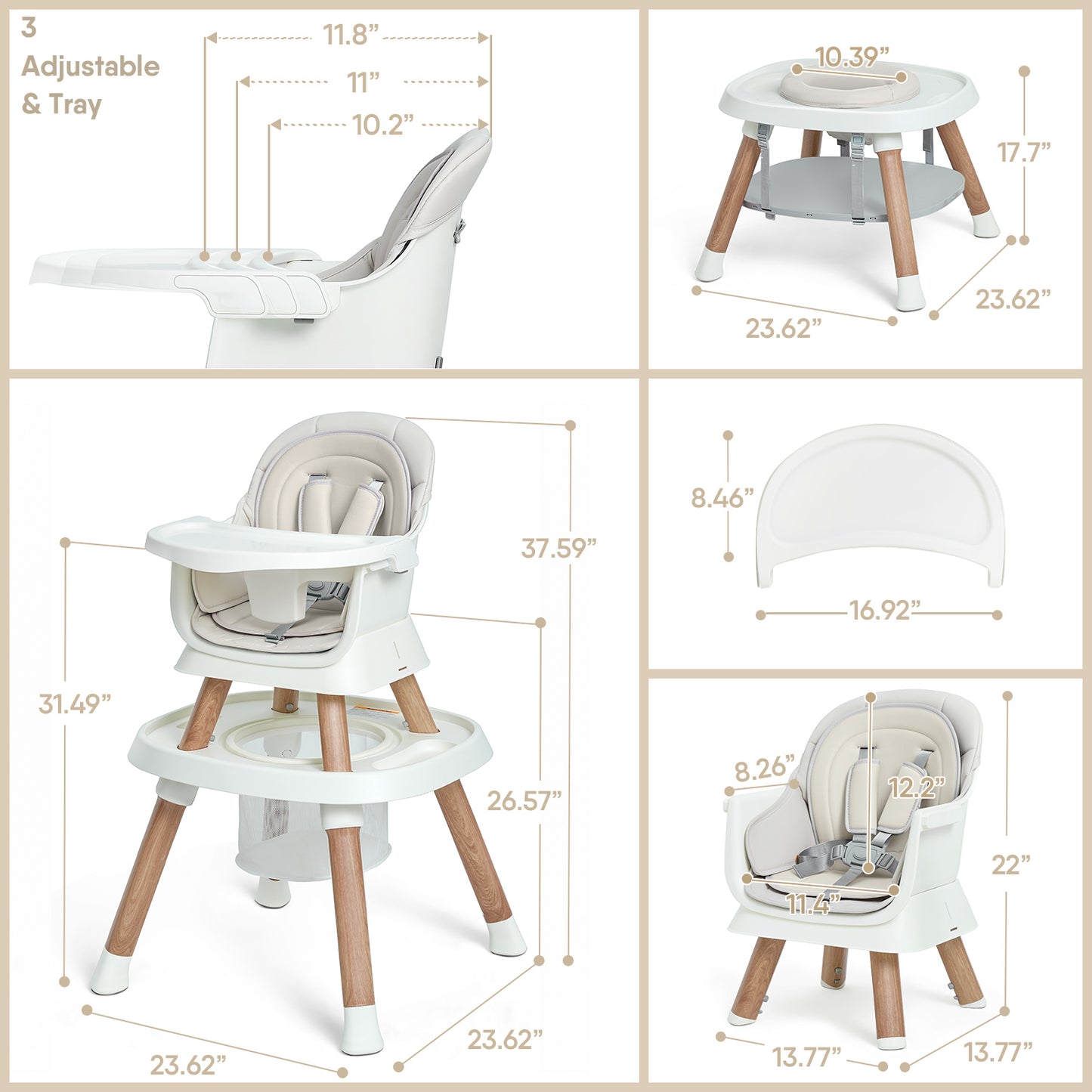 Baby High Chair, 15 in 1 Convertible Highchair for Babies & Toddlers, Booster Seats with Tray, High Chairs with Baby Activity Center (Wood)