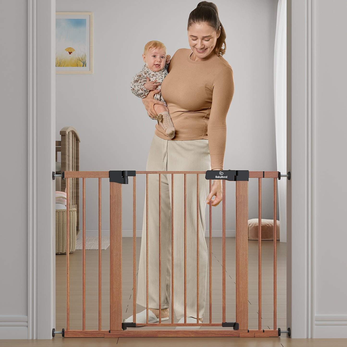 BabyBond 27-43" Easy Install Baby Gate for Stairs, Extra Wide Baby Gates for Doorway, Auto Close Safety Dog Gate, with Extenders and Pressure/Hardware Mounting Kit, Wood