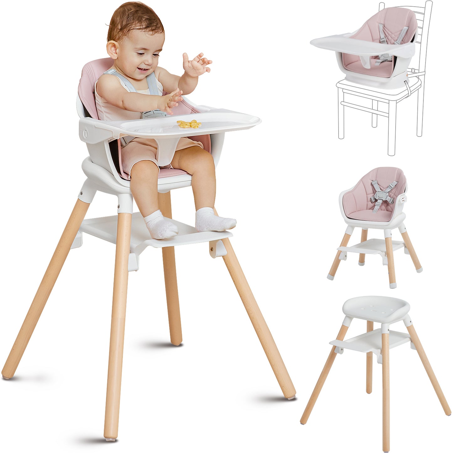 Wooden Baby High Chair, 11 in 1 Convertible Chair for High Chair, Booster Seat, Toddler Chair, for 2 Babies Use Together, Double Tray Highchair with 5-Point Harness & Clean Easily PU Cushion