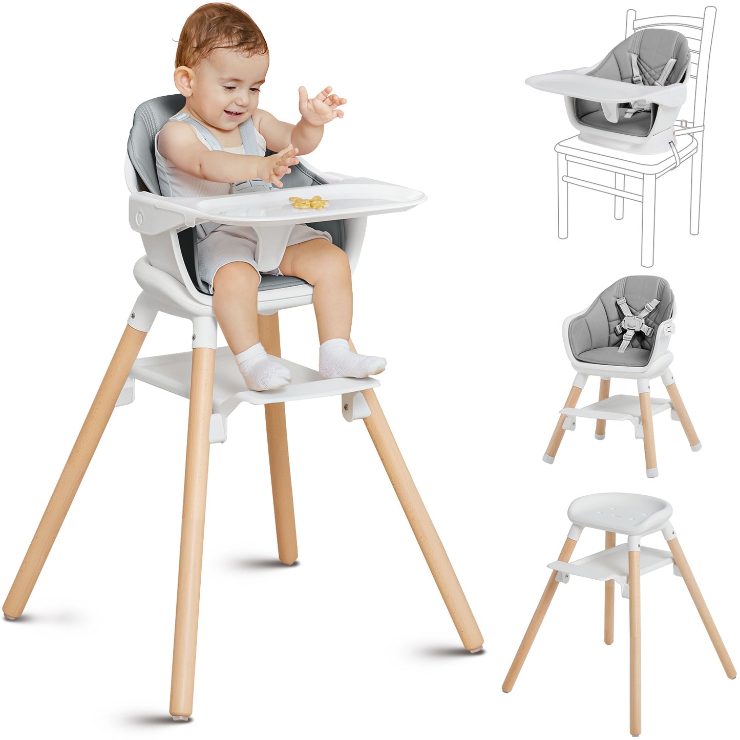 Wooden Baby High Chair, 11 in 1 Convertible Chair for High Chair, Booster Seat, Toddler Chair, for 2 Babies Use Together, Double Tray Highchair with 5-Point Harness & Clean Easily PU Cushion