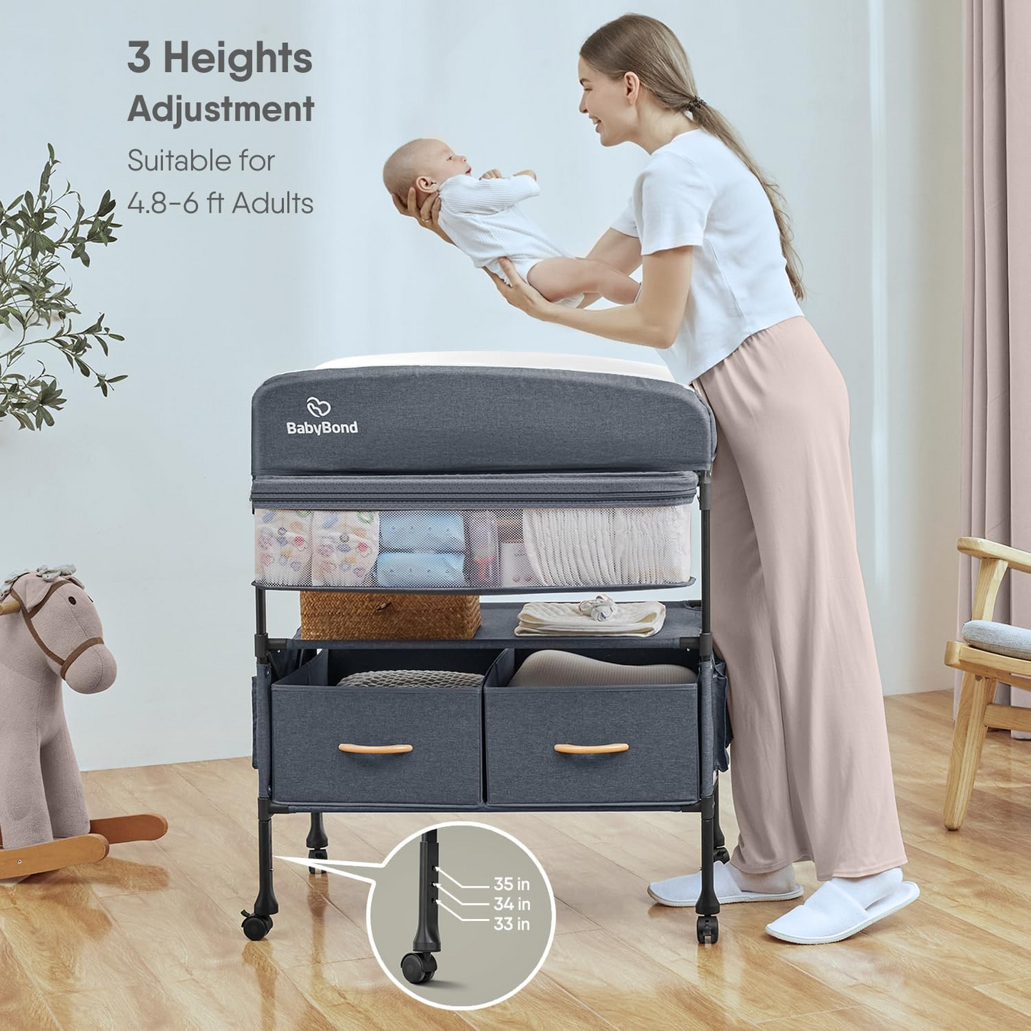 BabyBond Portable Baby Changing Table, Foldable Table Dresser Waterproof Diaper Height Adjustable Station for Infant and Newborn