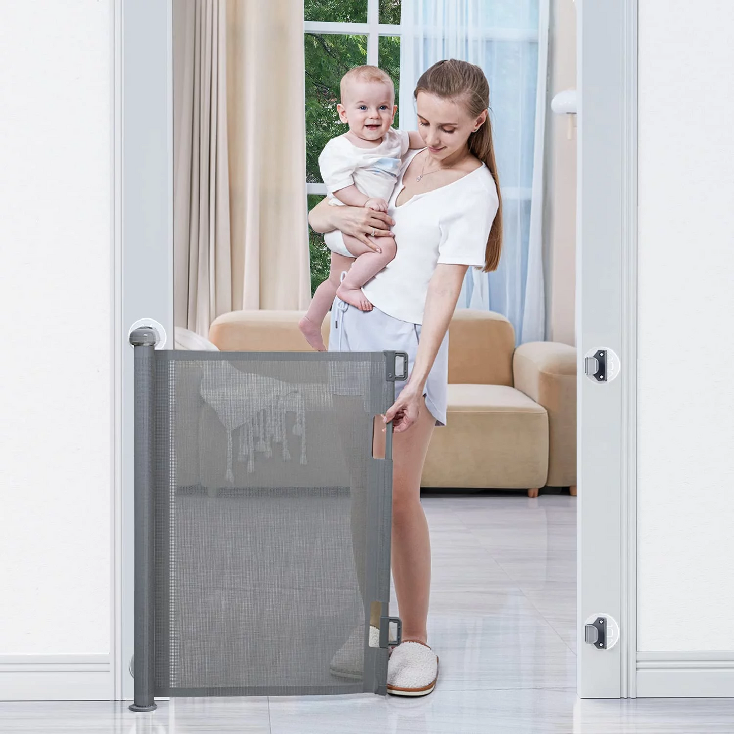 BabyBond Retractable Punch-Free Install Fiber Baby Gate Extra Wide 55"x33" Tall for Kids or Pets Indoor and Outdoor Dog Gates for Doorways