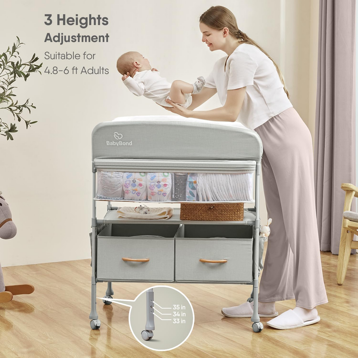 Baby Changing Table for Newborn, Portable Waterproof Adjustable Height w/ wheel