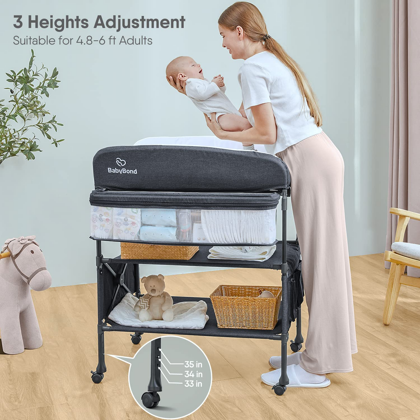 Baby Changing Table for Newborn, Portable Waterproof Adjustable Height w/ wheel