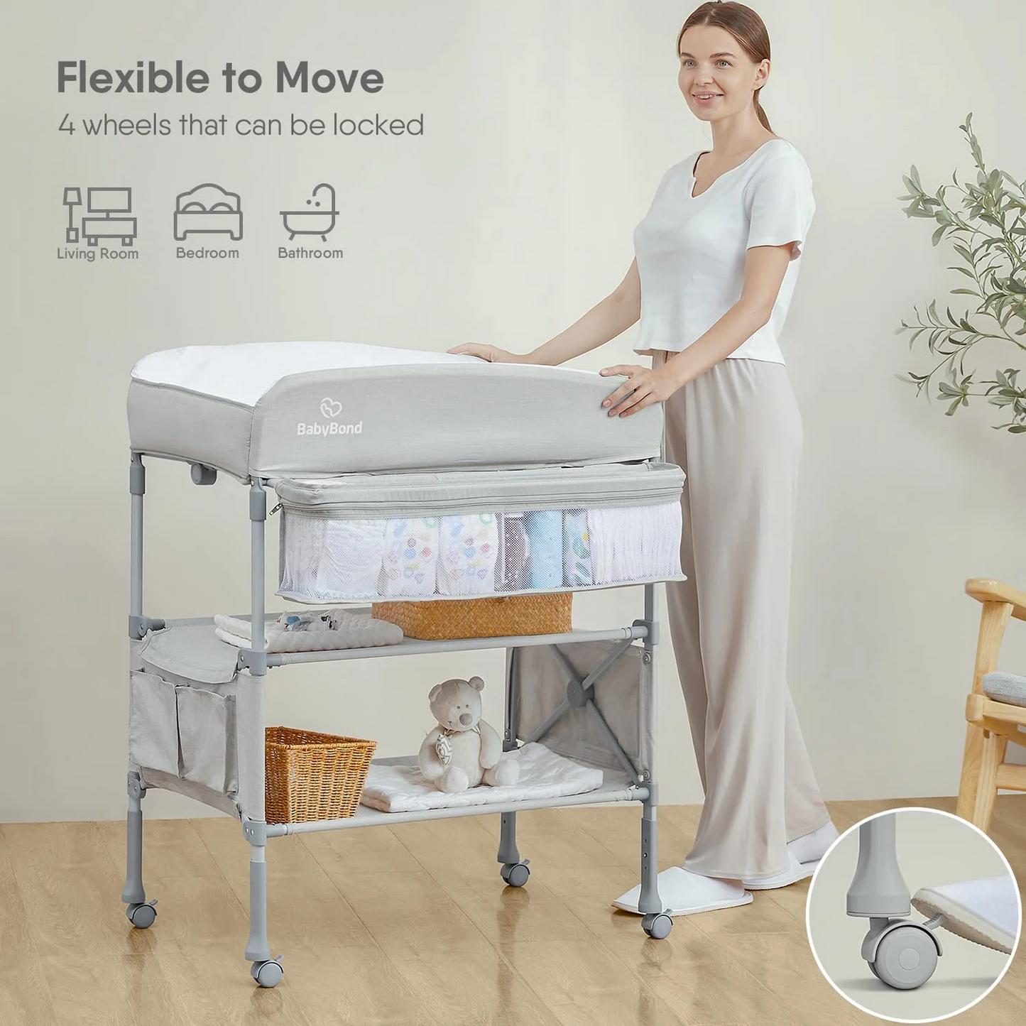 Baby Changing Table for Newborn, Portable Waterproof Adjustable Height w/ wheel