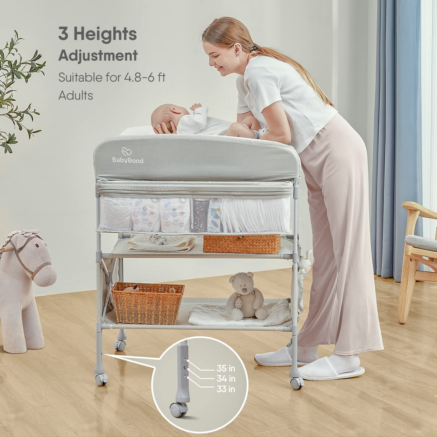 Baby Changing Table for Newborn, Portable Waterproof Adjustable Height w/ wheel