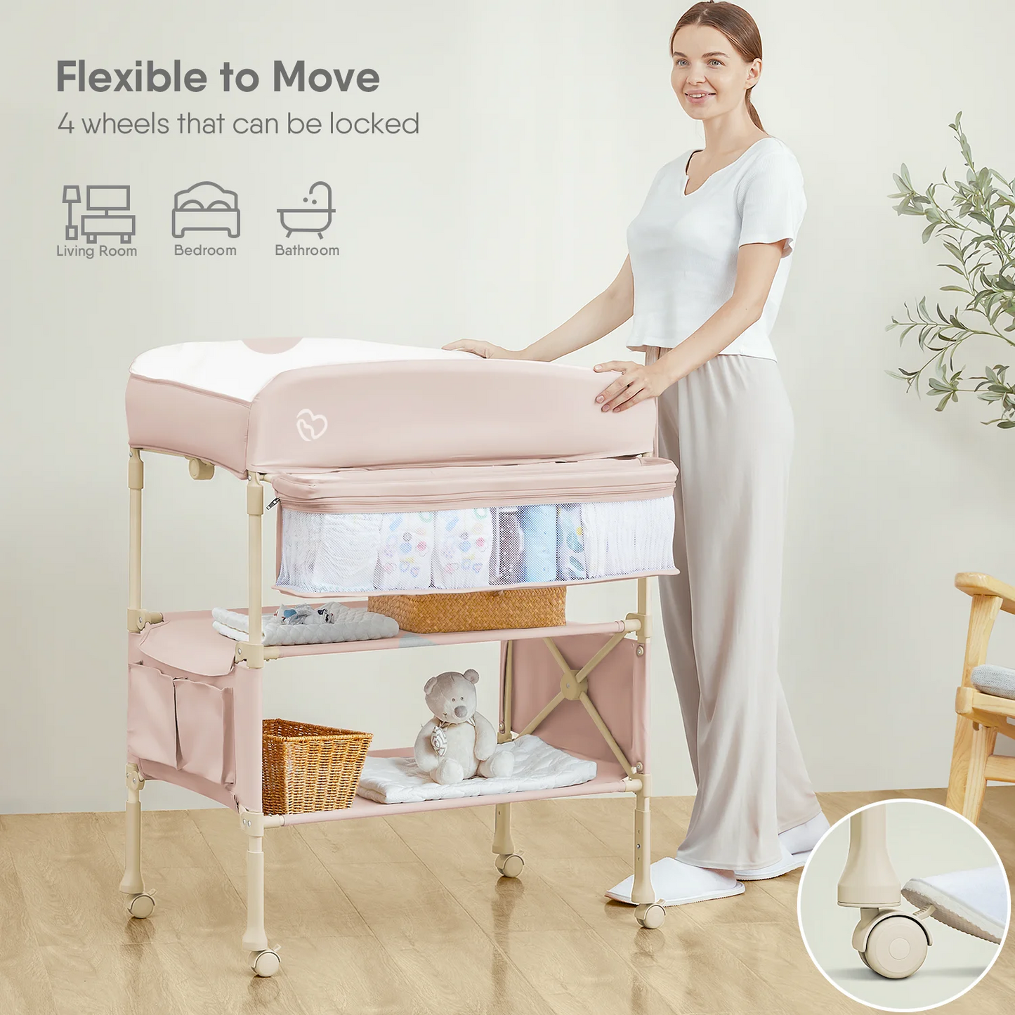 Baby Changing Table for Newborn, Portable Waterproof Adjustable Height w/ wheel