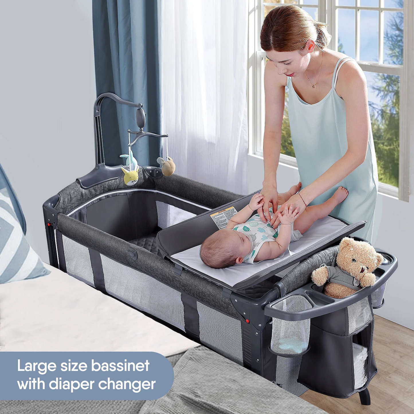 BabyBond Unisex Infant Flat Bedside Sleeper Bassinet, Diaper Changing Table with Wheels and Floding Frame for 0-36 Mmonths Baby (Grey)