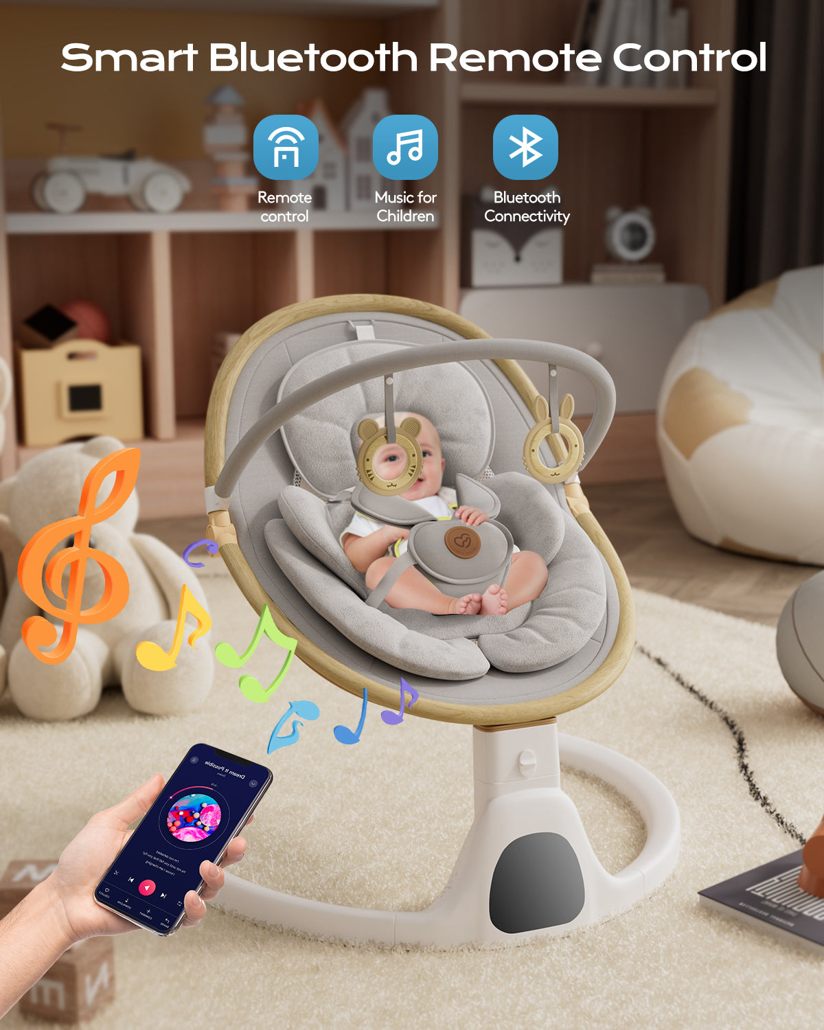 Baby Swing for Infants to Toddler Portable Babies Swing Timing Function 5 Swing Speeds Bluetooth Touch Screen Music Speaker with 10 Preset Lullabies 5-Point Carabiner White