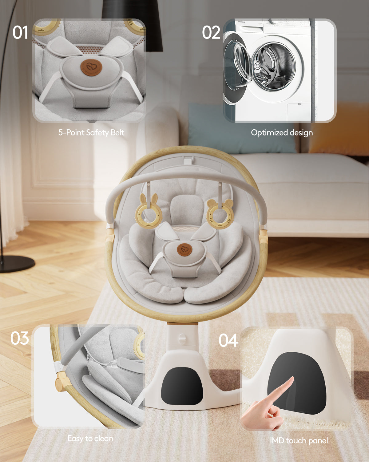 Baby Swing for Infants to Toddler Portable Babies Swing Timing Function 5 Swing Speeds Bluetooth Touch Screen Music Speaker with 10 Preset Lullabies 5-Point Carabiner White