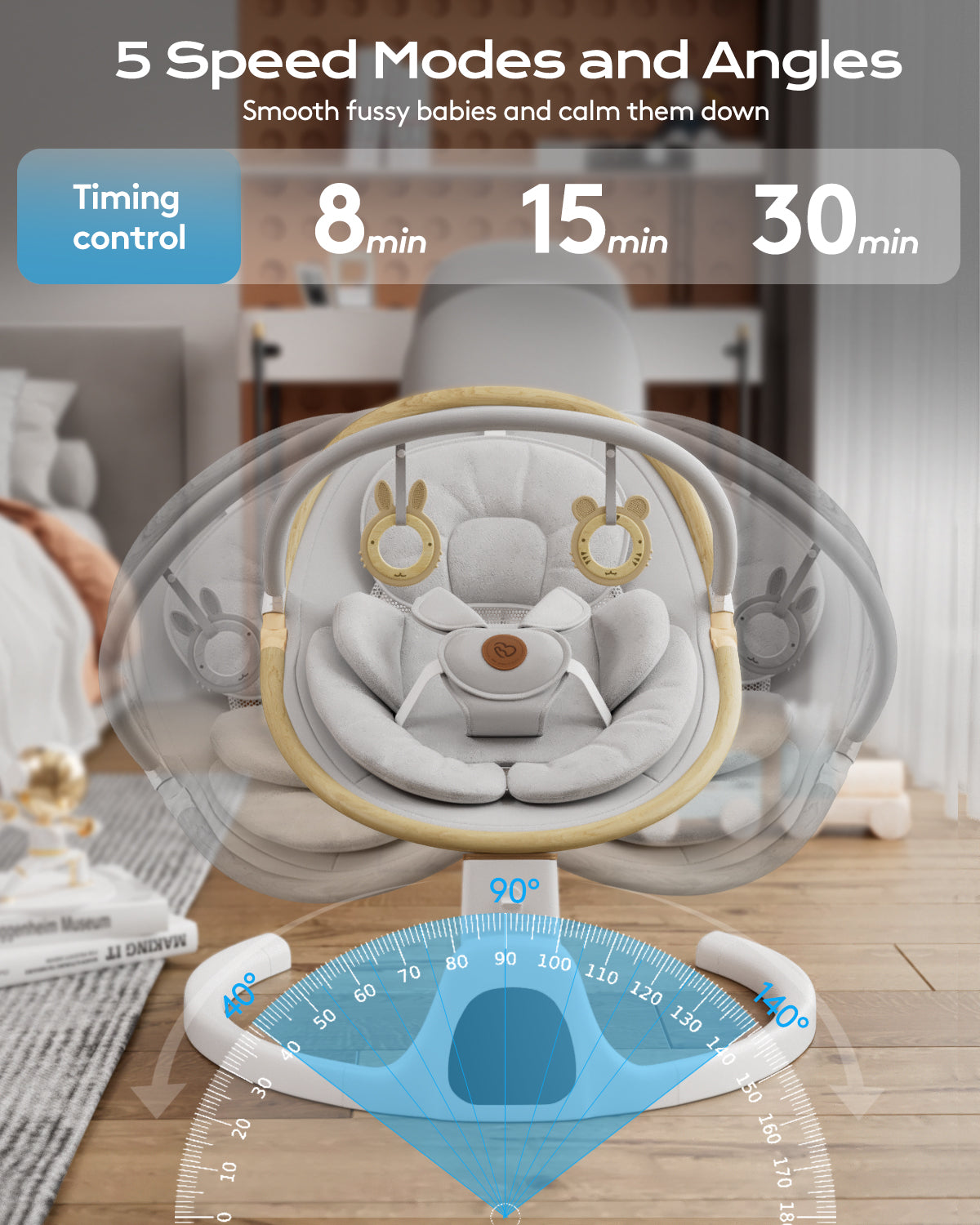 Baby Swing for Infants to Toddler Portable Babies Swing Timing Function 5 Swing Speeds Bluetooth Touch Screen Music Speaker with 10 Preset Lullabies 5-Point Carabiner White