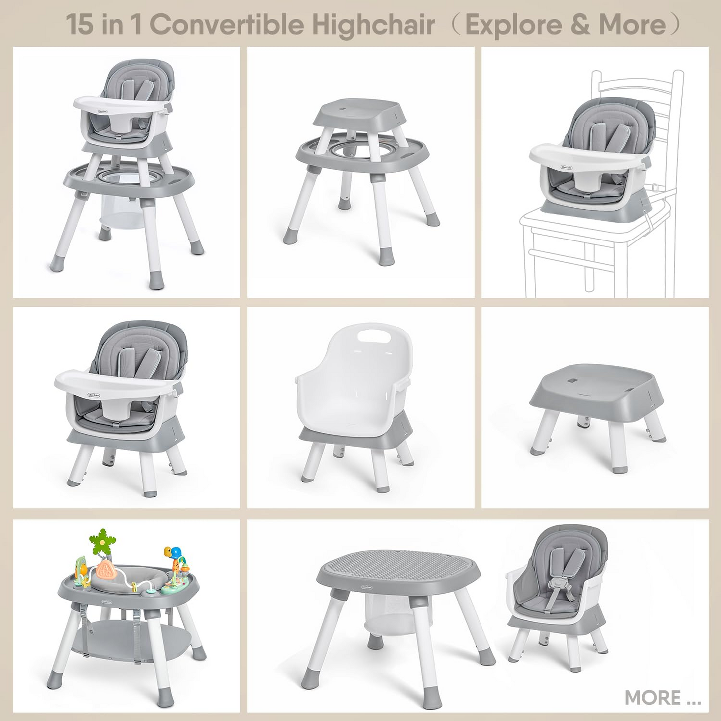 Baby High Chair, 15 in 1 Convertible Highchair for Babies & Toddlers, Booster Seats with Tray, High Chairs with Baby Activity Center (Grey)