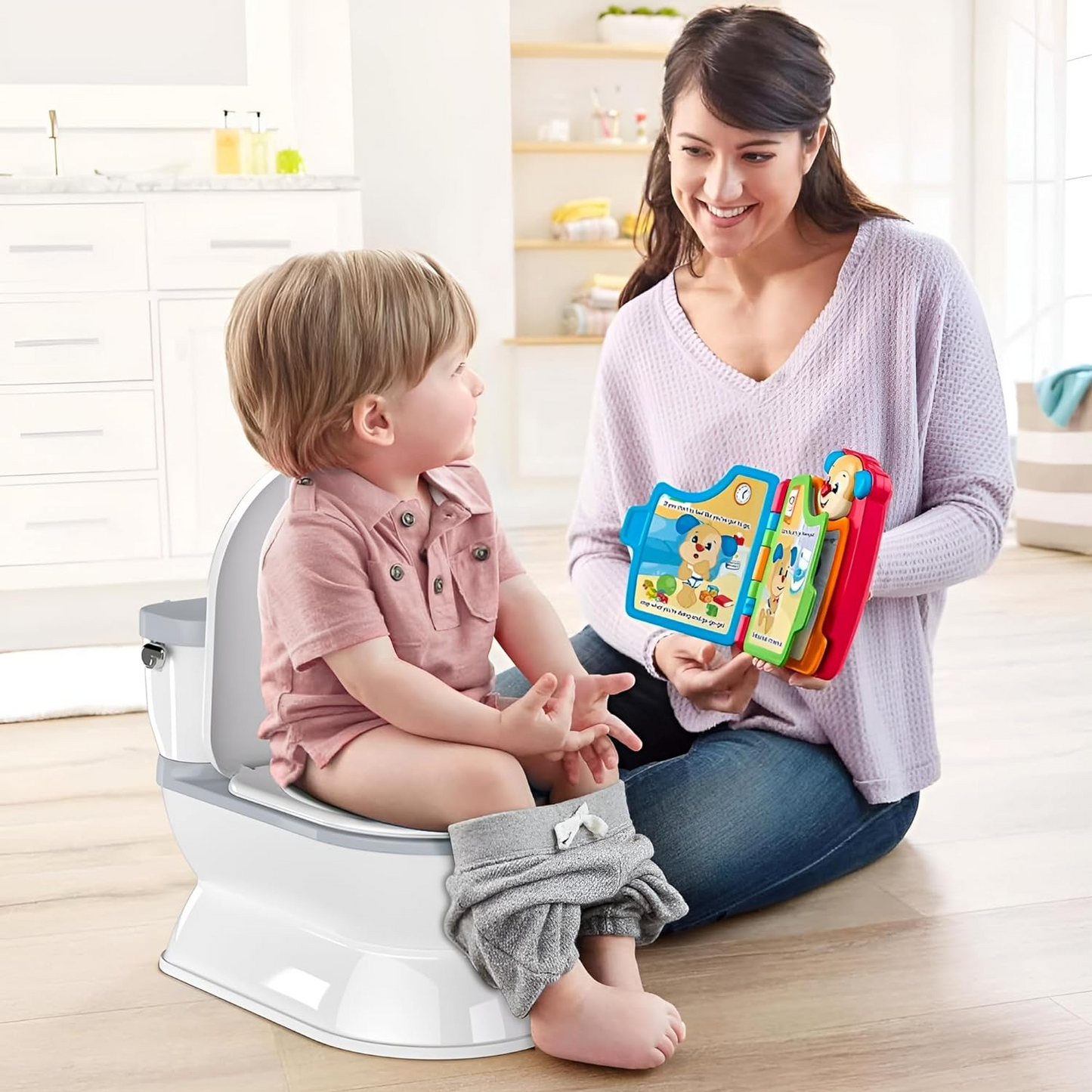 2-In-1 Toddler Potty Training Toilet - Larger Potty Chair & Detachable Training Seat for Boys & Girls Ages 1-3 with Flushing Sound, Wipes Storage, Toilet Paper Holder - Grey