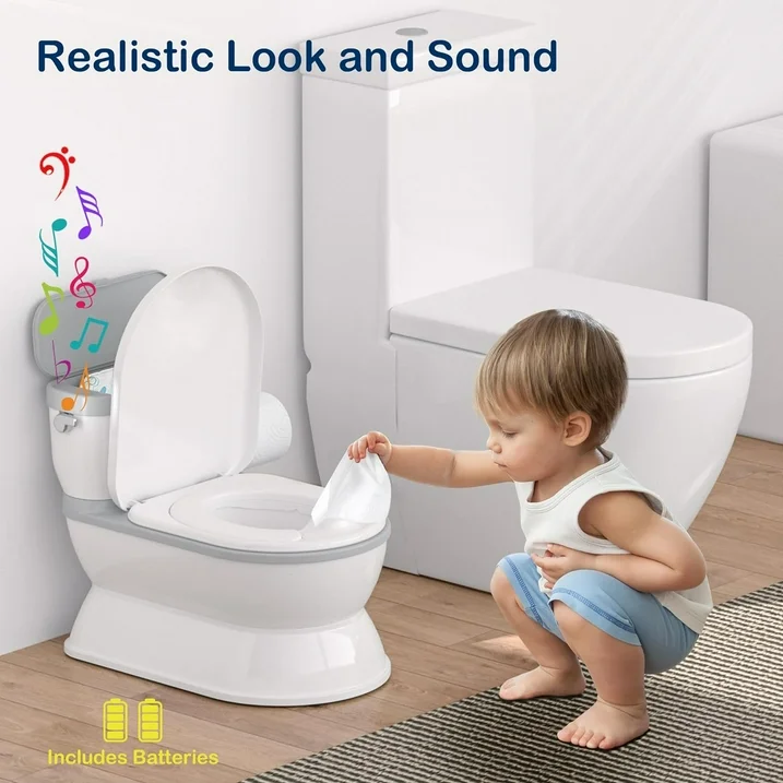 2-In-1 Toddler Potty Training Toilet - Larger Potty Chair & Detachable Training Seat for Boys & Girls Ages 1-3 with Flushing Sound, Wipes Storage, Toilet Paper Holder - Grey