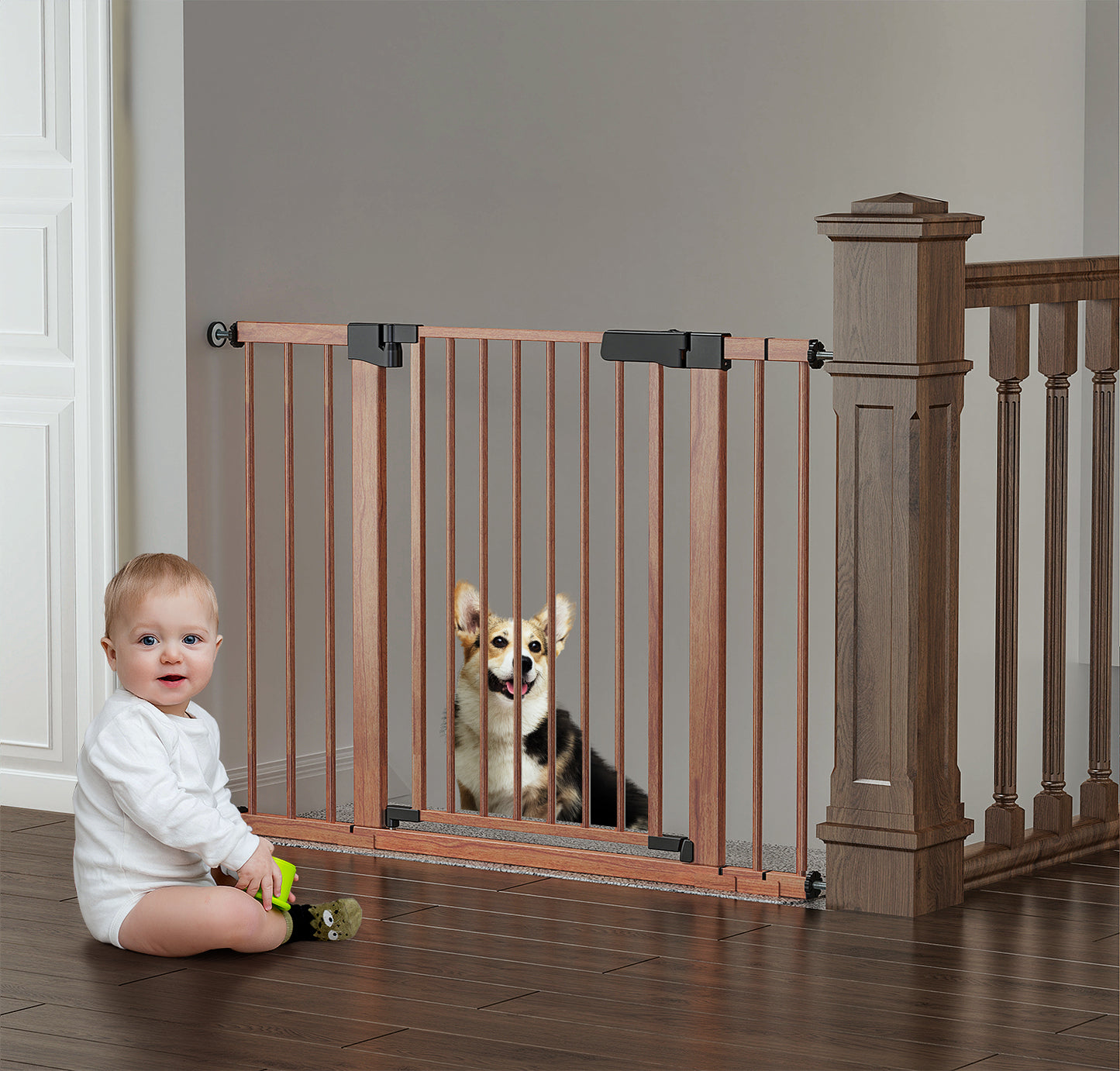 BabyBond 27-43" Easy Install Baby Gate for Stairs, Extra Wide Baby Gates for Doorway, Auto Close Safety Dog Gate, with Extenders and Pressure/Hardware Mounting Kit, Wood