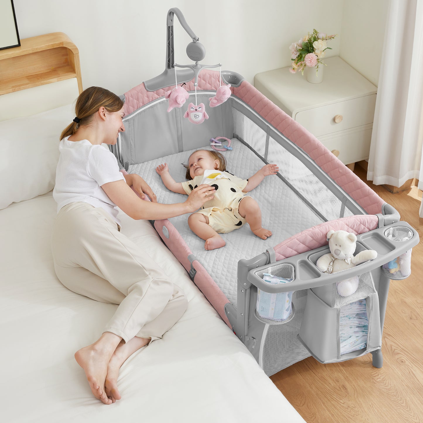 BabyBond Unisex Infant Flat Bedside Sleeper Bassinet, Diaper Changing Table with Wheels and Floding Frame for 0-36 Mmonths Baby (Grey)