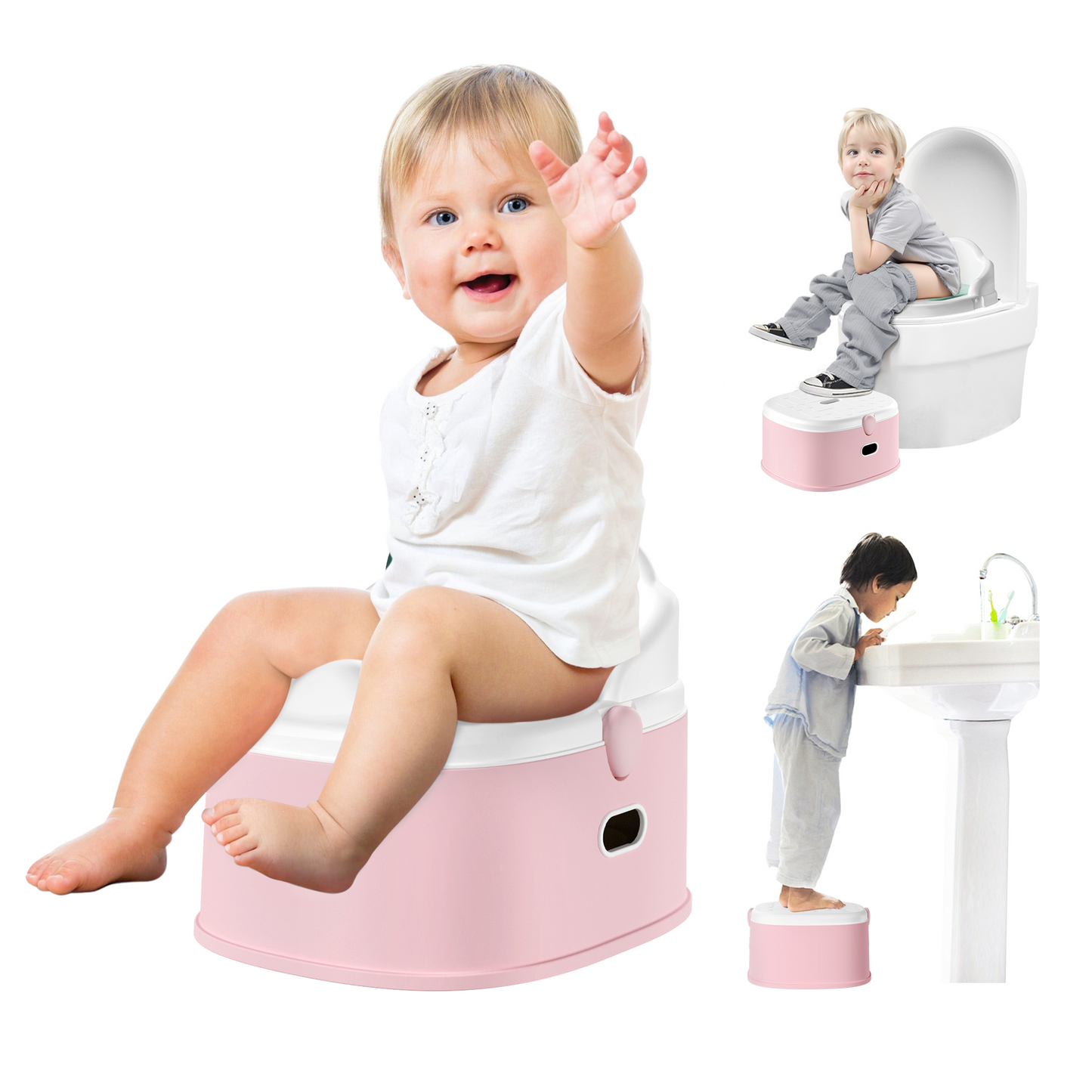 Roll over image to zoom in 3-in-1 Toddler Potty Training Toilet & Detachable Training Seat & Sturdy Step Stool, Larger Potty Chair for Boy & Girl with Comfortable Backrest, Armrests, Splash Guard