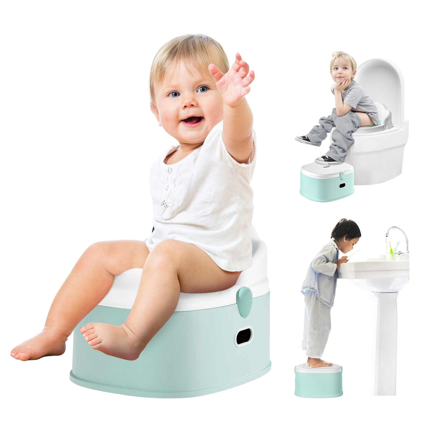 Roll over image to zoom in 3-in-1 Toddler Potty Training Toilet & Detachable Training Seat & Sturdy Step Stool, Larger Potty Chair for Boy & Girl with Comfortable Backrest, Armrests, Splash Guard