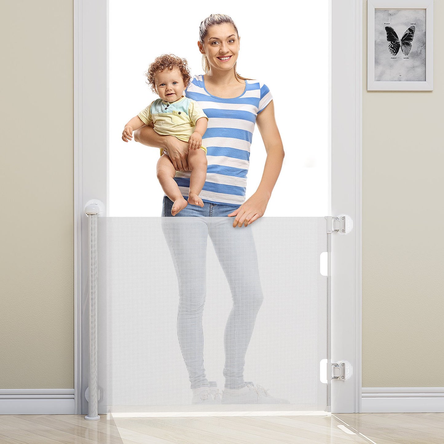 Punch-Free Retractable Baby Gates, Obee Odee Baby Gate for Stairs Extra Wide 71” X 33” Tall for Kids or Pets Indoor and Outdoor Dog Gates for Doorways, Stairs, Hallways