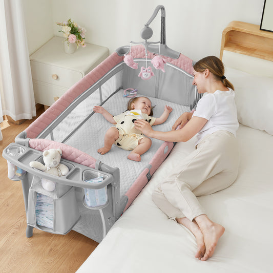 Unisex Infant Flat Bedside Sleeper Bassinet with Wheels and Floding Frame for 0-36 Mmonths Baby (Pink)