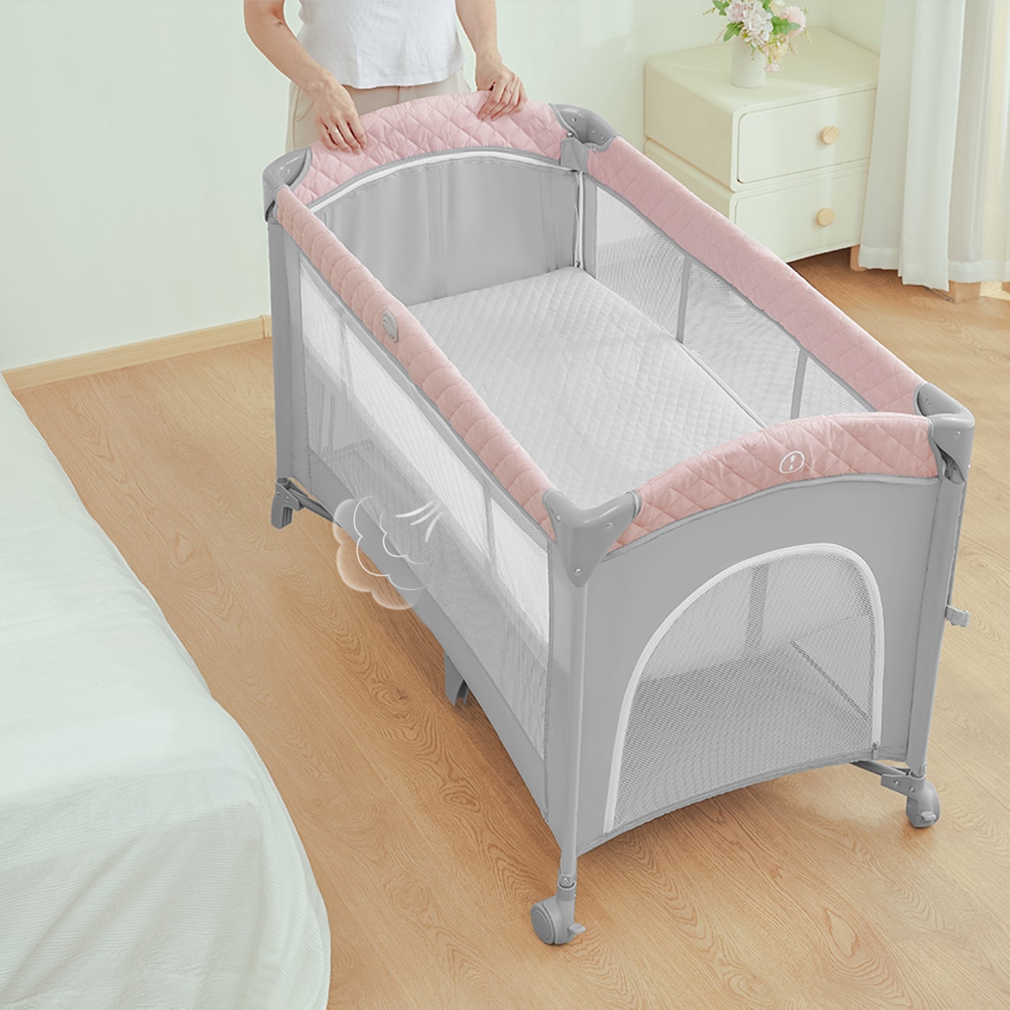 BabyBond Unisex Infant Flat Bedside Sleeper Bassinet, Diaper Changing Table with Wheels and Floding Frame for 0-36 Mmonths Baby (Grey)