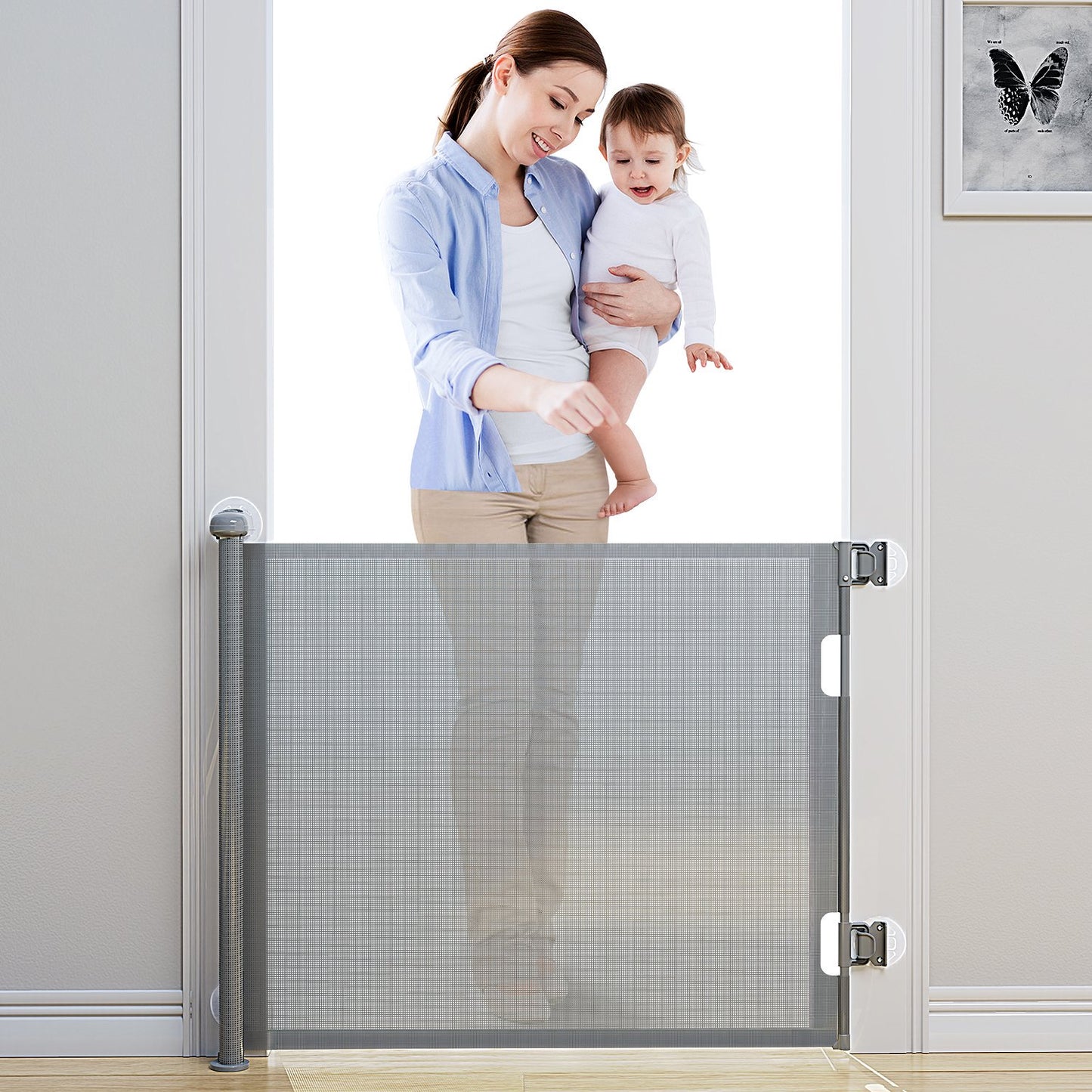 Punch-Free Retractable Baby Gates, Obee Odee Baby Gate for Stairs Extra Wide 71” X 33” Tall for Kids or Pets Indoor and Outdoor Dog Gates for Doorways, Stairs, Hallways