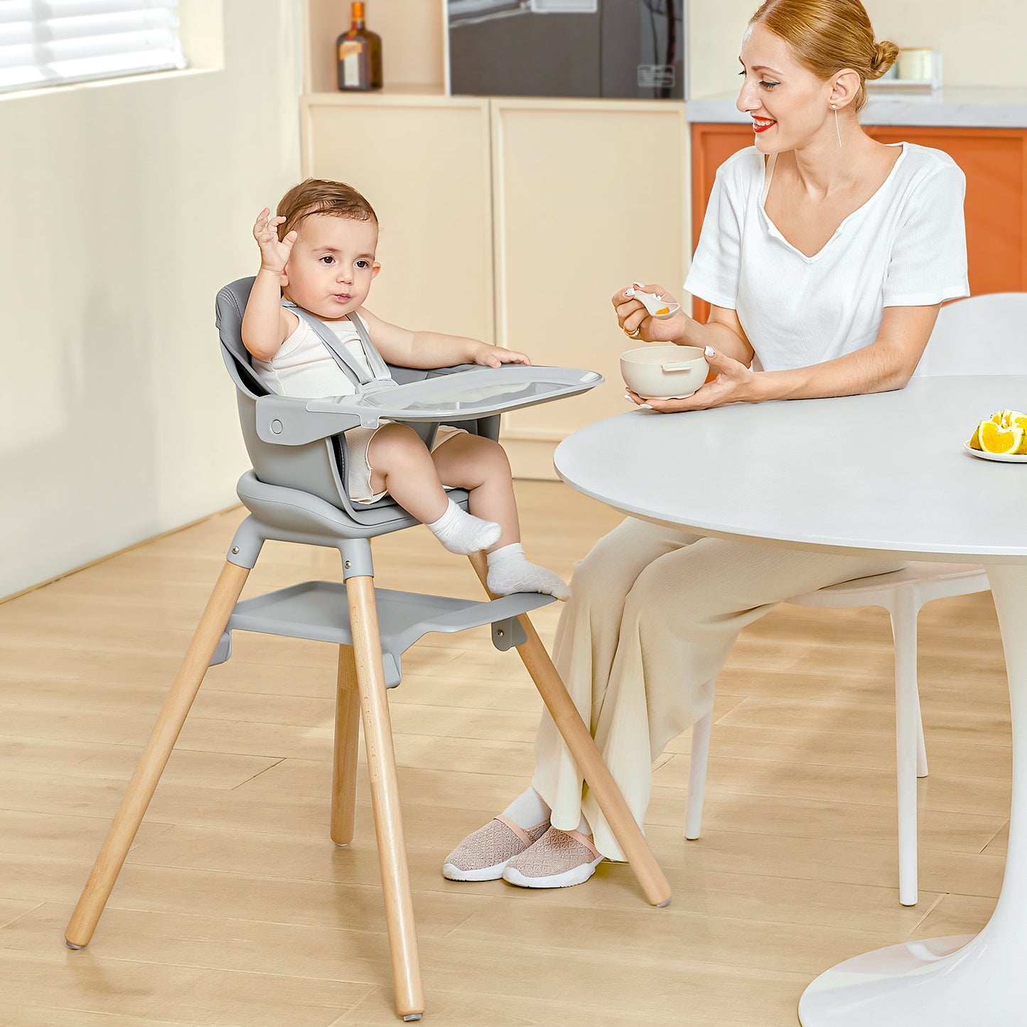 Wooden Baby High Chair, 11 in 1 Convertible Chair for High Chair, Booster Seat, Toddler Chair, for 2 Babies Use Together, Double Tray Highchair with 5-Point Harness & Clean Easily PU Cushion