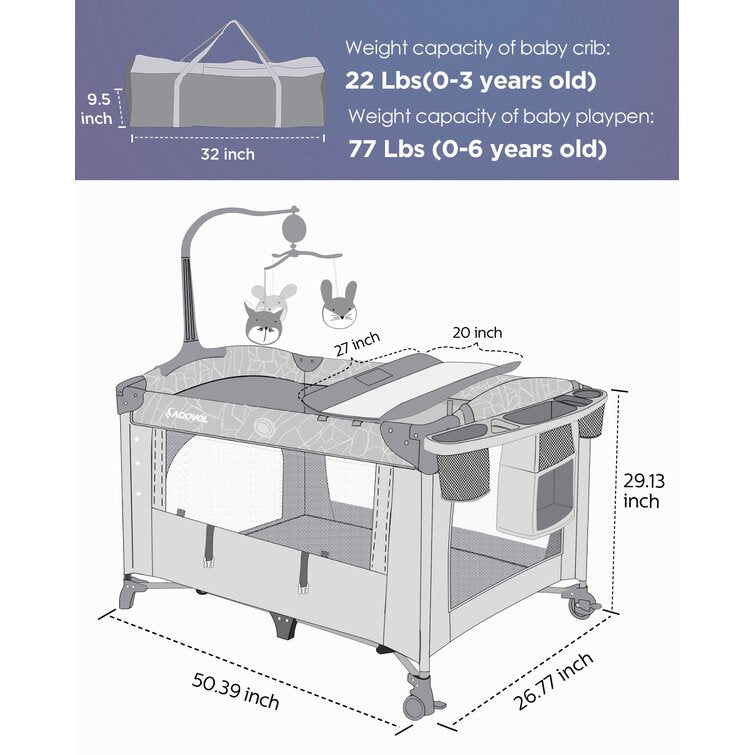 3 In 1 Nursery Center Includes Bedside Crib, Pack and Play, Diaper Changer, Diaper Organizer, Swivel Mobile, Baby Bassinet