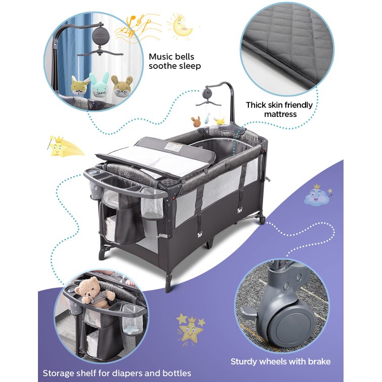 3 In 1 Nursery Center Includes Bedside Crib, Pack and Play, Diaper Changer, Diaper Organizer, Swivel Mobile, Baby Bassinet