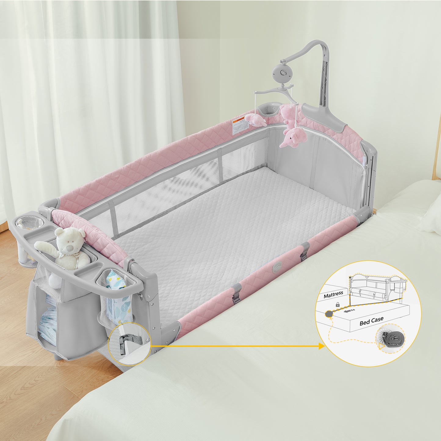 BabyBond Unisex Infant Flat Bedside Sleeper Bassinet, Diaper Changing Table with Wheels and Floding Frame for 0-36 Mmonths Baby (Grey)