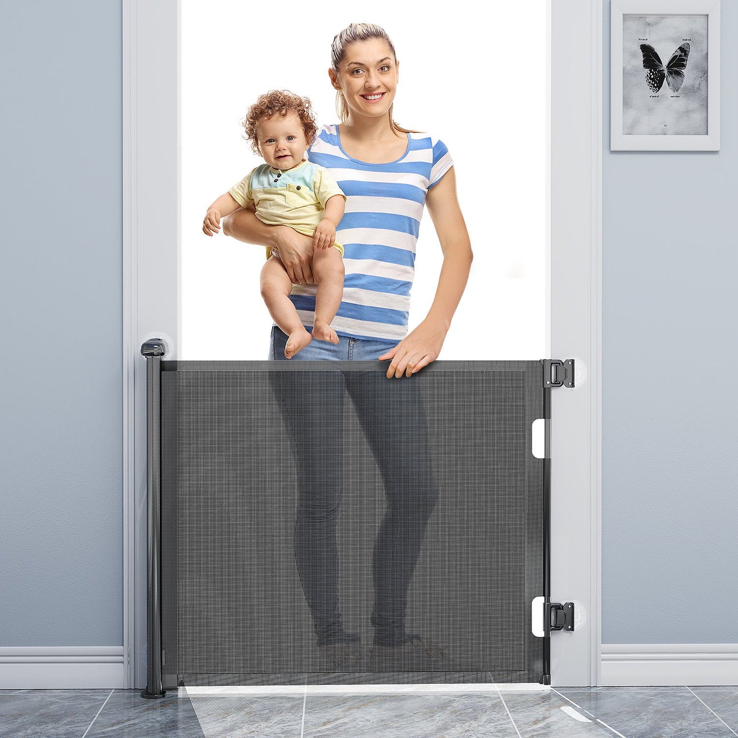 Punch-Free Retractable Baby Gates, Obee Odee Baby Gate for Stairs Extra Wide 71” X 33” Tall for Kids or Pets Indoor and Outdoor Dog Gates for Doorways, Stairs, Hallways