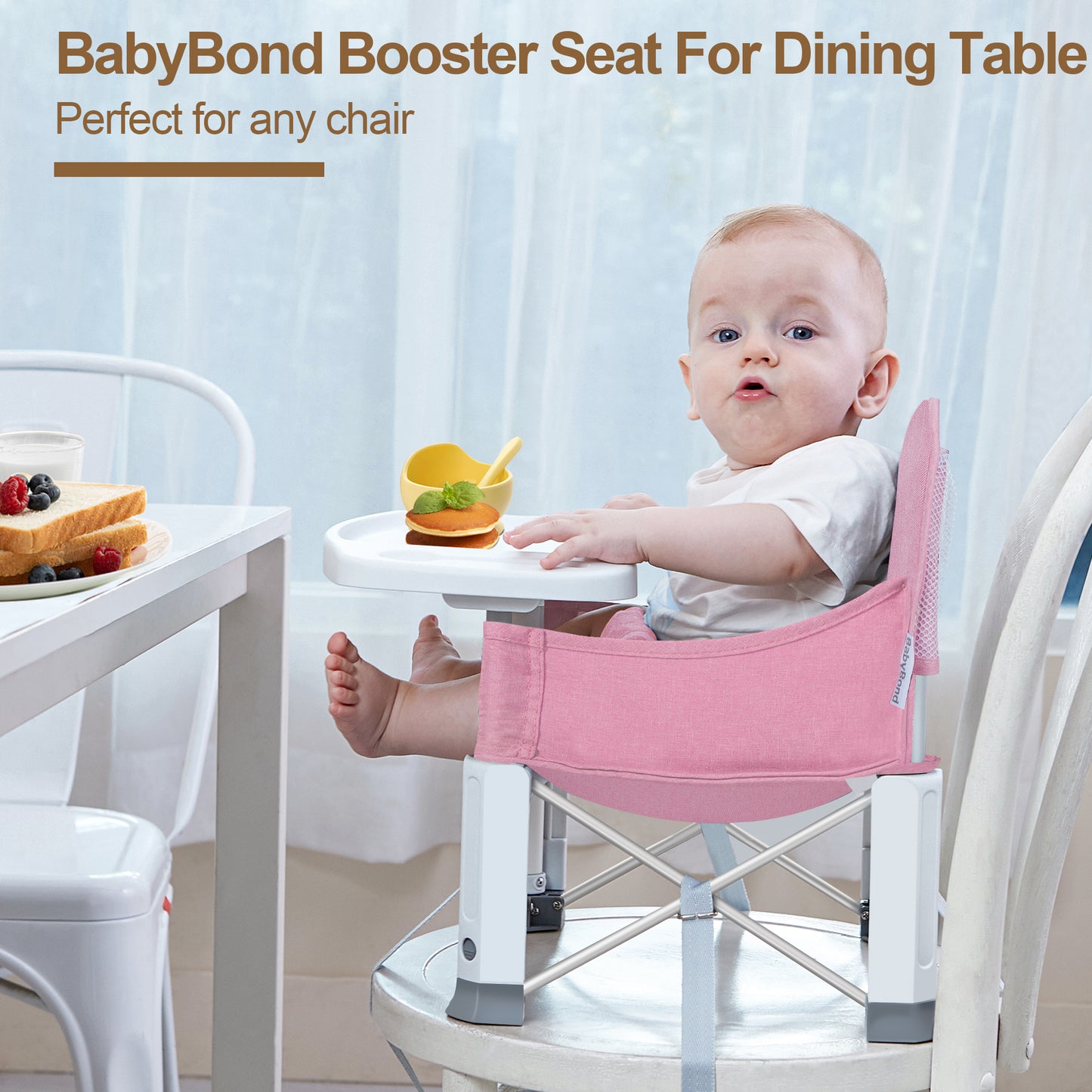 Baby Travel Booster Seat with Double Tray, BabyBond Upgraded Toddler Portable Baby Chair, Booster Seat for Dining Table, Stable and Foldable Booster Baby Chair for Indoor/Outdoor