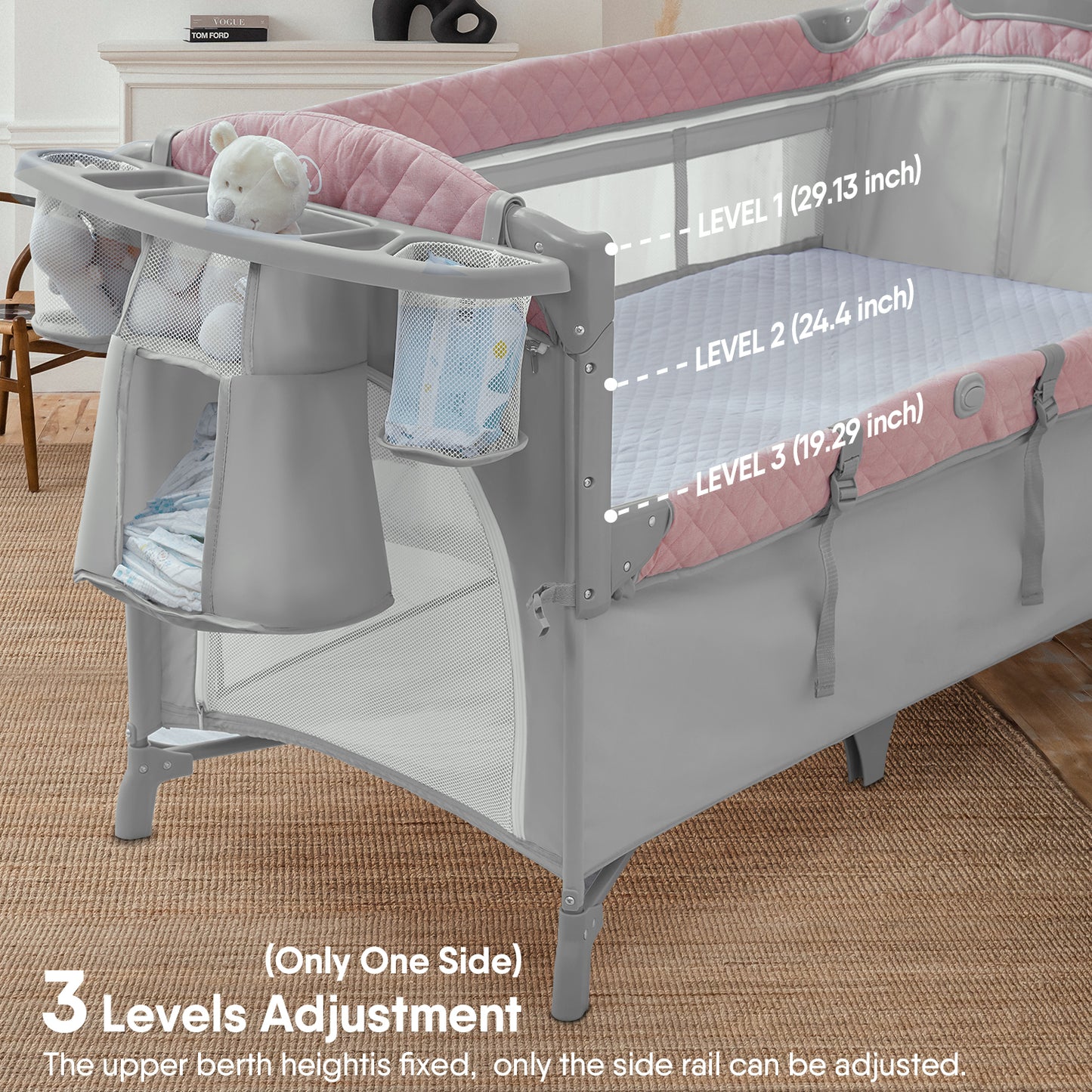 BabyBond Unisex Infant Flat Bedside Sleeper Bassinet, Diaper Changing Table with Wheels and Floding Frame for 0-36 Mmonths Baby (Grey)