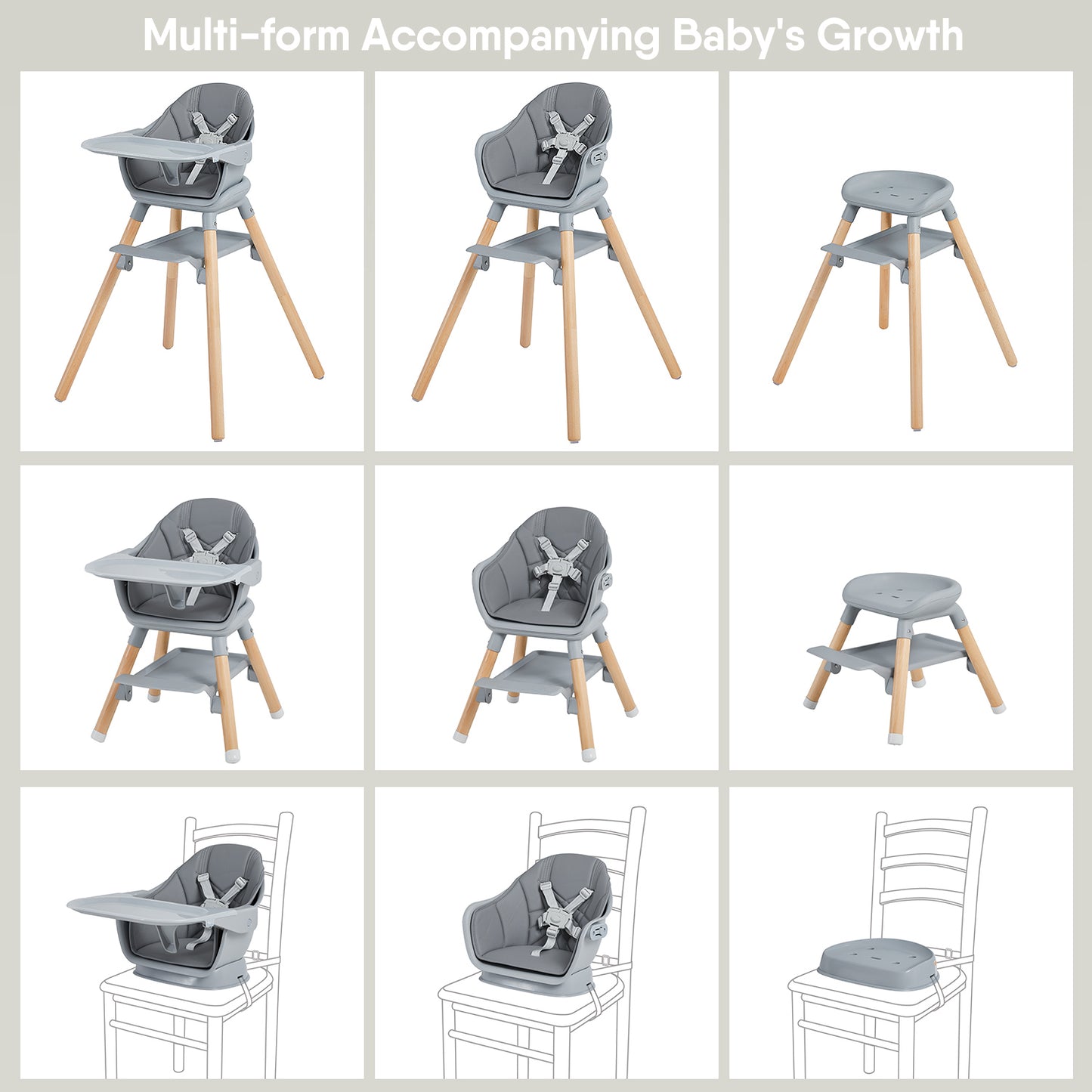 Wooden Baby High Chair, 11 in 1 Convertible Chair for High Chair, Booster Seat, Toddler Chair, for 2 Babies Use Together, Double Tray Highchair with 5-Point Harness & Clean Easily PU Cushion