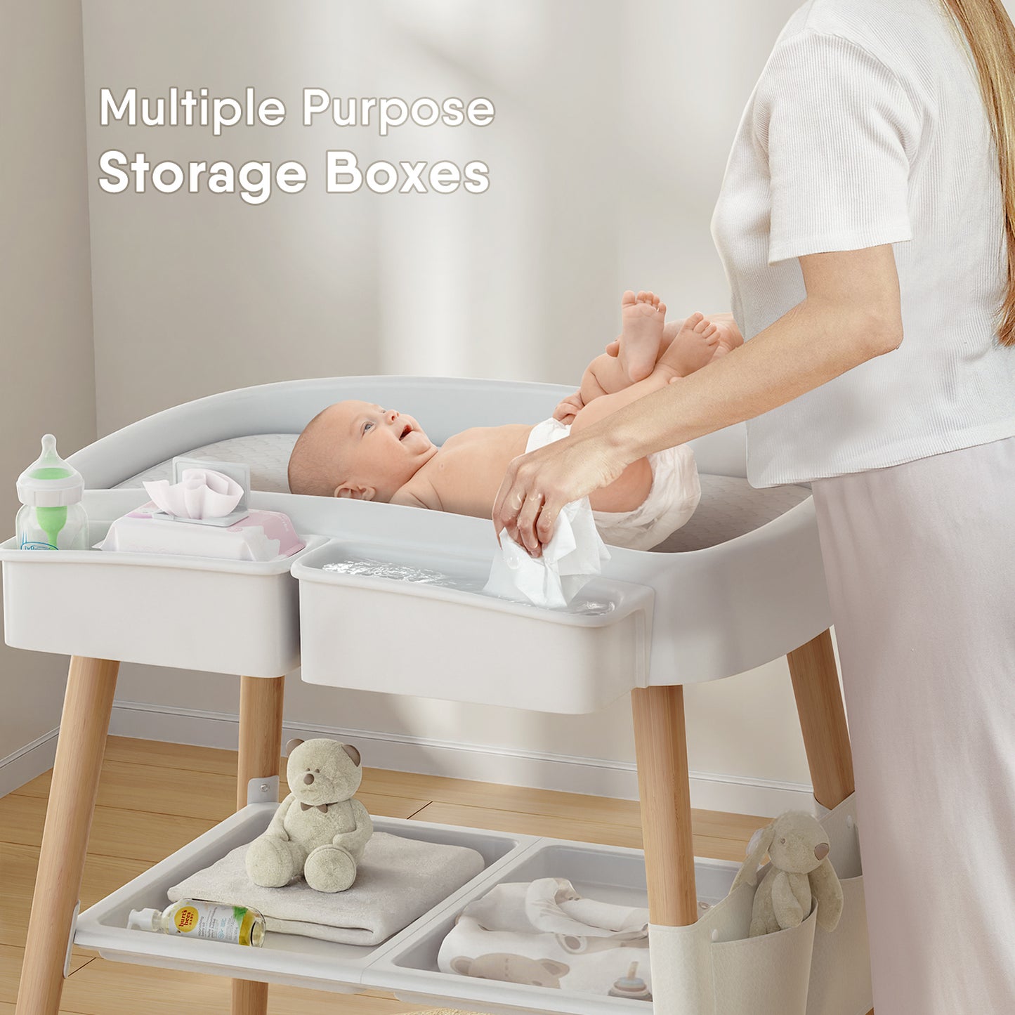 Baby Changing Table Diaper Changing Table with Changing Pad Adjustable Height Changing Table with Nursery Organizer and Large Storage Rack for Newborn Baby and Infant