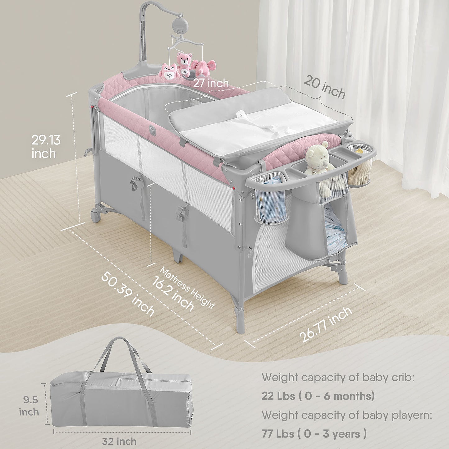 Unisex Infant Flat Bedside Sleeper Bassinet with Wheels and Floding Frame for 0-36 Mmonths Baby (Pink)