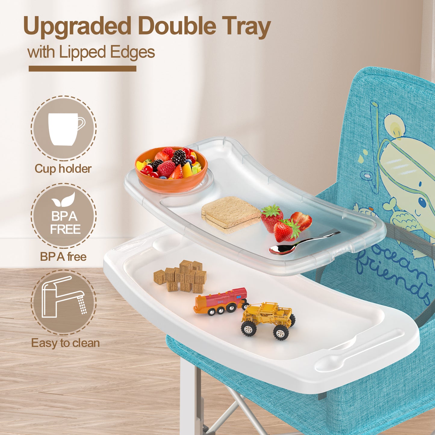 Baby Travel Booster Seat with Double Tray, BabyBond Upgraded Toddler Portable Baby Chair, Booster Seat for Dining Table, Stable and Foldable Booster Baby Chair for Indoor/Outdoor