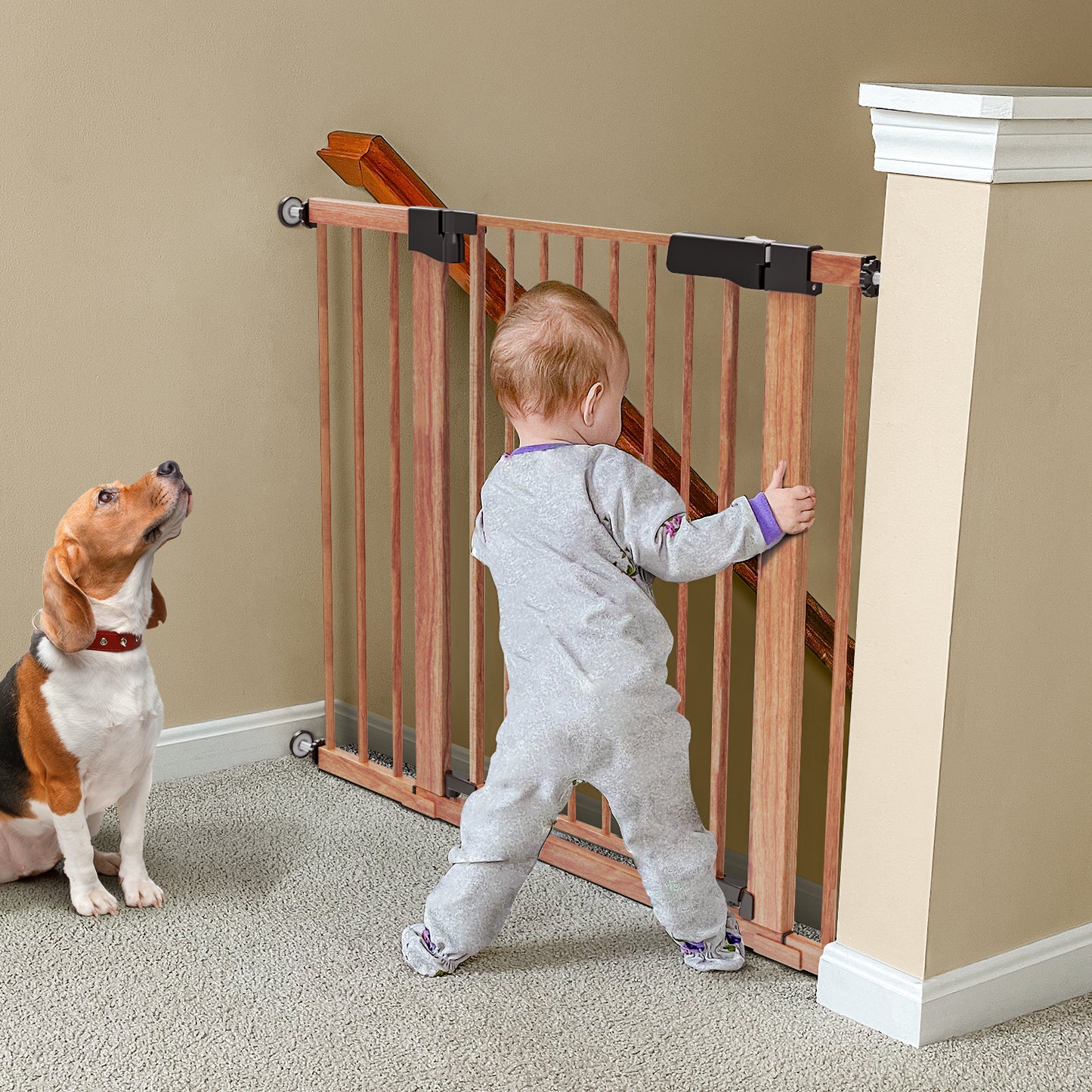 BabyBond 27-43" Easy Install Baby Gate for Stairs, Extra Wide Baby Gates for Doorway, Auto Close Safety Dog Gate, with Extenders and Pressure/Hardware Mounting Kit, Wood