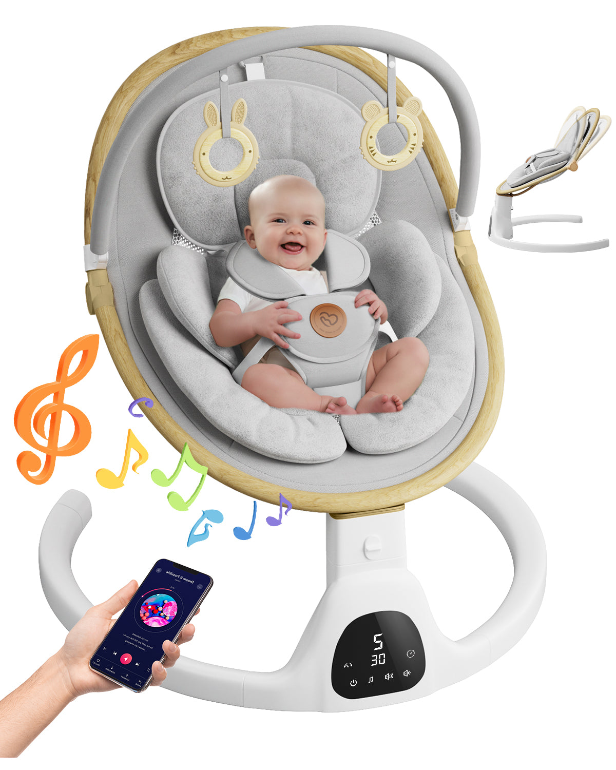 Baby Swing for Infants to Toddler Portable Babies Swing Timing Function 5 Swing Speeds Bluetooth Touch Screen Music Speaker with 10 Preset Lullabies 5-Point Carabiner White